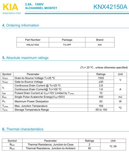 开关电源MOS管,KNX42150A,2.8A/1500V