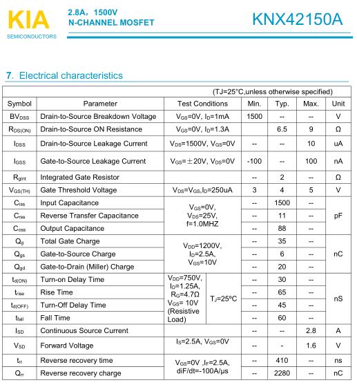 变频器mos管,KNX42150A,2.8A/1500V