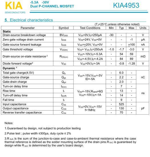 PFC电路碳化硅二极管，KIA4953,-5.3A/-30V