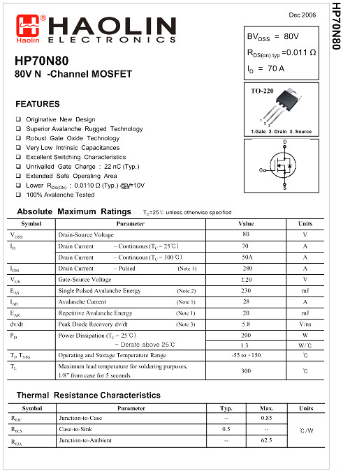HP70N80,HP70N80参数,HP70N80封装,70A/80V