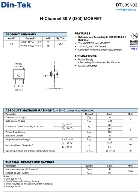 09N03,DTU09N03参数,55A/30V