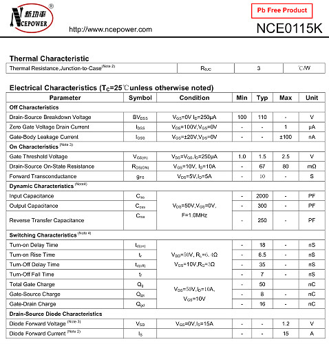 NCE0115K,NCE0115K参数,NCE0115K规格书