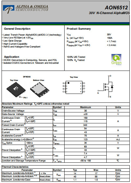 AON6512,AON6512规格书,30V/150A