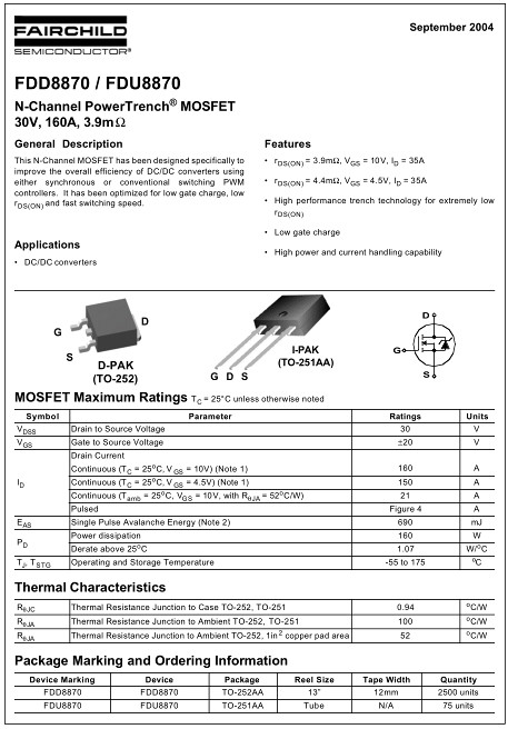 FDD8870替代,160A/30V,FDD8870参数