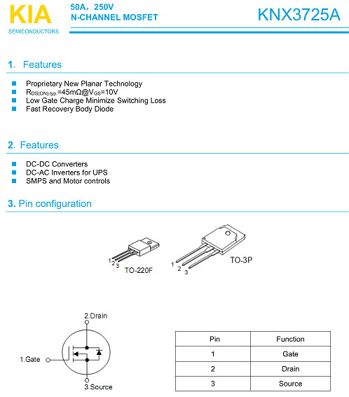 逆变器专用MOS,50A/ 250V,KNX3725A