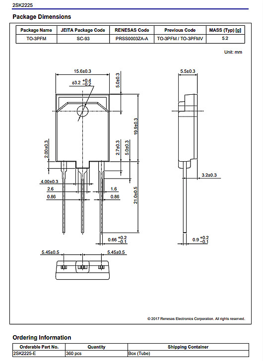 瑞萨2SK2225参数1500V2A